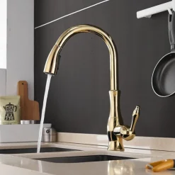 Kitchen Faucet with Sprayer Vessel Installation Nickel Brushed/Electroplated One Hole Widespread Pull Out/High Arc, Brass Kitchen Faucet Contain with Cold and Hot Water