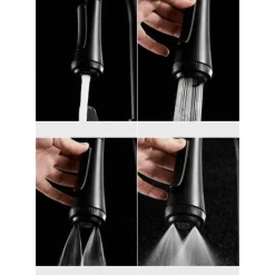 Kitchen Faucet with Sprayer,Matte Black Brass 4-Function Single Handle One Hole Button Design Pull-out / Pull-down Centerset Contemporary Kitchen Taps(with Soap Dispenser)
