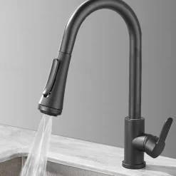 Kitchen Faucet with Sprayer,Matte Black Brass 4-Function Single Handle One Hole Button Design Pull-out / Pull-down Centerset Contemporary Kitchen Taps(with Soap Dispenser)