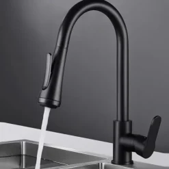 Kitchen Faucet with Sprayer,Matte Black Brass 4-Function Single Handle One Hole Button Design Pull-out / Pull-down Centerset Contemporary Kitchen Taps(with Soap Dispenser)