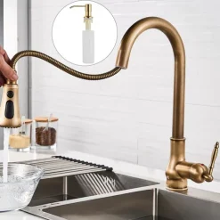 Kitchen Faucet with Sprayer,Antique Brass Pull-out 3-Function Outlet Mode Single Handle One Hole Sink Kitchen Taps with Soap Dispenser or Drain
