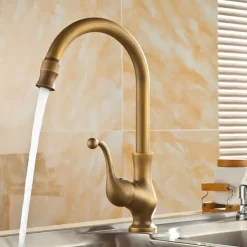 Kitchen Faucet,Antique Brass Single Handle One Hole Standard Spout Centerset Contemporary Rotatable Kitchen Taps with Cold and Hot Switch