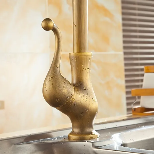 Kitchen Faucet,Antique Brass Single Handle One Hole Standard Spout Centerset Contemporary Rotatable Kitchen Taps with Cold and Hot Switch