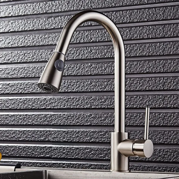 Kitchen Faucet,Minimalisht Style Brass Nickel Brushed Pull-out Tall High Arc Vessel Fashion Nickel Brushed Rotatable Contemporary Kitchen Taps with Hot and Cold Switch