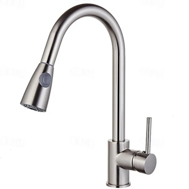 Kitchen Faucet,Minimalisht Style Brass Nickel Brushed Pull-out Tall High Arc Vessel Fashion Nickel Brushed Rotatable Contemporary Kitchen Taps with Hot and Cold Switch