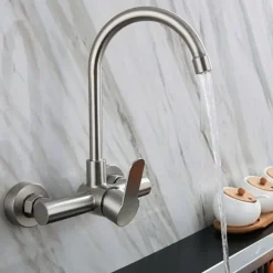 Kitchen Faucet,Stainless Steel Rotatable Wall Mounted Single Handle Two Holes Kitchen Taps with Hot and Cold Switch