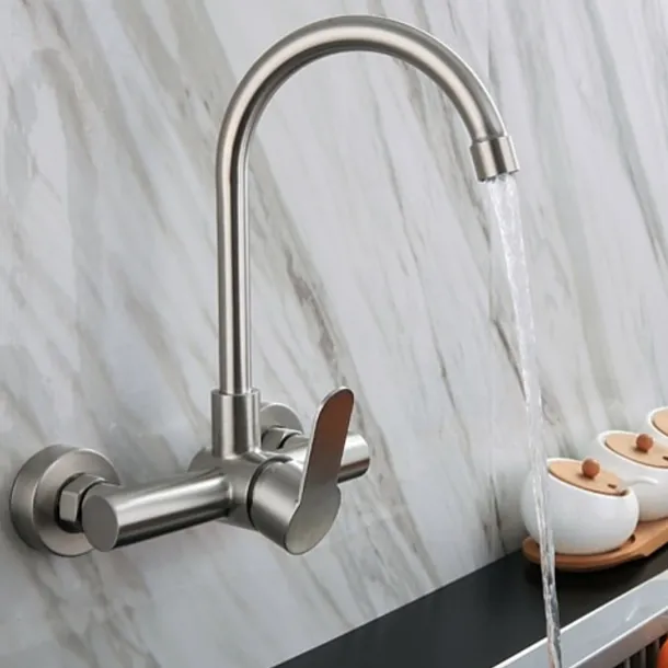 Kitchen Faucet,Stainless Steel Rotatable Wall Mounted Single Handle Two Holes Kitchen Taps with Hot and Cold Switch