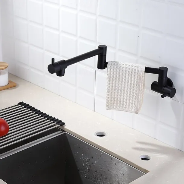 Kitchen Faucet,Wall Mounted Pot Filler Black Single Handle One Hole Multi-Ply Pot Filler Foldable Contemporary Kitchen Taps