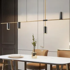Kitchen Island Lights Contemporary Pendant Light Fixture 5 Heads Modern Industrial Linear Pendant Light for Living Room, Kitchen Island, Gold Finish and Black Shade, Bulb Included 110-240V