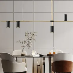 Kitchen Island Lights Contemporary Pendant Light Fixture 5 Heads Modern Industrial Linear Pendant Light for Living Room, Kitchen Island, Gold Finish and Black Shade, Bulb Included 110-240V