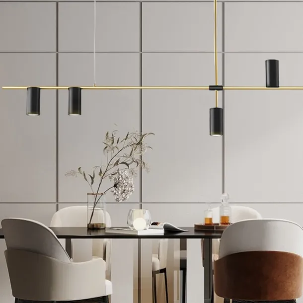 Kitchen Island Lights Contemporary Pendant Light Fixture 5 Heads Modern Industrial Linear Pendant Light for Living Room, Kitchen Island, Gold Finish and Black Shade, Bulb Included 110-240V