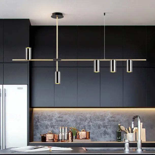 Kitchen Island Lights Contemporary Pendant Light Fixture 5 Heads Modern Industrial Linear Pendant Light for Living Room, Kitchen Island, Gold Finish and Black Shade, Bulb Included 110-240V