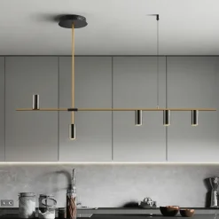 Kitchen Island Lights Contemporary Pendant Light Fixture 5 Heads Modern Industrial Linear Pendant Light for Living Room, Kitchen Island, Gold Finish and Black Shade, Bulb Included 110-240V