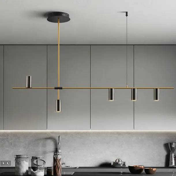 Kitchen Island Lights Contemporary Pendant Light Fixture 5 Heads Modern Industrial Linear Pendant Light for Living Room, Kitchen Island, Gold Finish and Black Shade, Bulb Included 110-240V