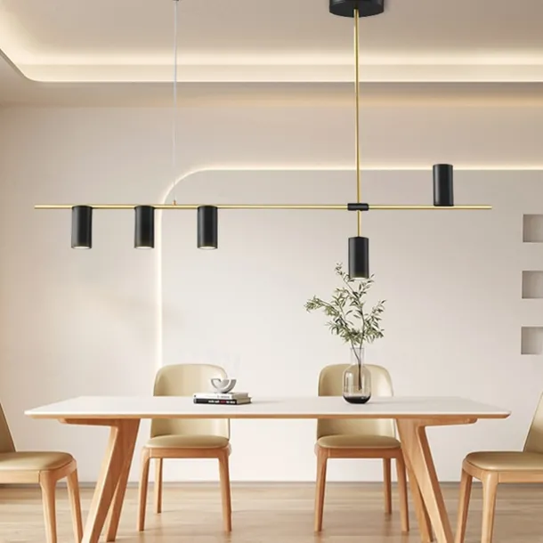 Kitchen Island Lights Contemporary Pendant Light Fixture 5 Heads Modern Industrial Linear Pendant Light for Living Room, Kitchen Island, Gold Finish and Black Shade, Bulb Included 110-240V