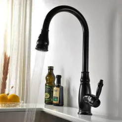 Kitchen Sink Mixer Faucet with Pull Out Sprayer, High Arc Brass Silver/Coffee Single Handle One Hole Oil-rubbed Bronze Pull Down Tall Kitchen Taps with Hot and Cold Water Hose