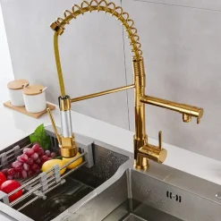 Kitchen Sink Mixer Faucet Pull Down Sprayer, Single Lever Pull Out Taps, 360 ° Swivel Cold Hot Water Brass Tap Golded Chrome Black