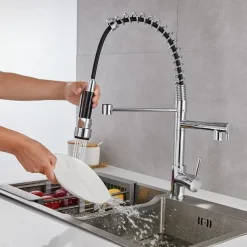 Kitchen Sink Mixer Faucet Pull Down Sprayer, Single Lever Pull Out Taps, 360 ° Swivel Cold Hot Water Brass Tap Golded Chrome Black