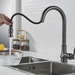 Kitchen Sink Mixer Faucet with Pull Out Sprayer Grey, 360 Swivel Single Handle Spring Kitchen Taps Deck Mounted, One Hole Brass Kitchen Sink Faucet Water Vessel Taps