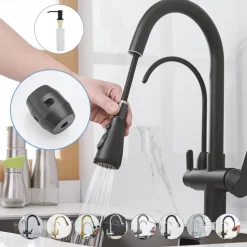 Kitchen Sink Mixer Faucet Pull Out Sprayer with Soap Dispenser, 360 swivel Black Single Handle Brass Taps Pull Down, Deck Mounted Hot Cold Water Hose Filter Tap