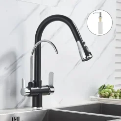 Kitchen Sink Mixer Faucet Pull Out Sprayer with Soap Dispenser, 360 swivel Black Single Handle Brass Taps Pull Down, Deck Mounted Hot Cold Water Hose Filter Tap