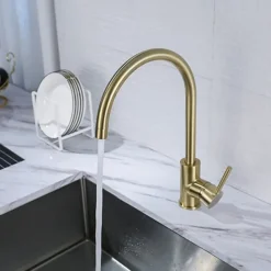 Kitchen Sink Mixer Faucet Brushed Gold Deck Mounted , 360 Swivel Single Handle Vessel Kitchen Brass Taps with Cold and Hot Water Hose