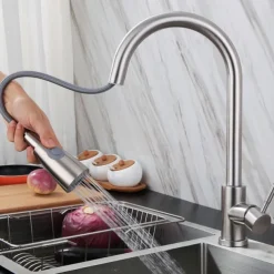 Kitchen Sink Mixer Faucet with Pull Out Spray Deck Mounted, 304 Stainless Steel 360 Rotatable Kitchen Vessel Taps for Vegetable Washing Basin Black Brushed Nickel