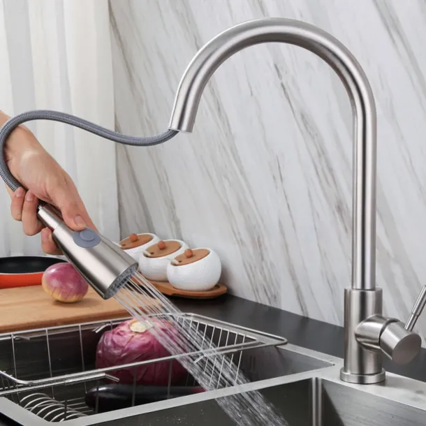 Kitchen Sink Mixer Faucet with Pull Out Spray Deck Mounted, 304 Stainless Steel 360 Rotatable Kitchen Vessel Taps for Vegetable Washing Basin Black Brushed Nickel