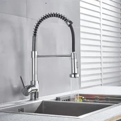 Kitchen Sink Mixer Faucet with Pull Down Sprayer, 360 swivel High Arc Single Handle Spring Kitchen Taps Deck Mounted, One Hole Brass Kitchen Sink Faucet Centerset Water Taps