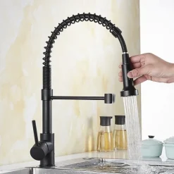 Kitchen Sink Mixer Faucet with Pull Down Sprayer, 360 swivel High Arc Single Handle Spring Kitchen Taps Deck Mounted, One Hole Brass Kitchen Sink Faucet Centerset Water Taps