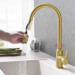 Kitchen Sink Mixer Faucet Pull Out, Single Lever Handle Brushed Solid Brass Taps Cold Hot Hose, One Hole with Pull Down Sprayer Black Gold Faucets