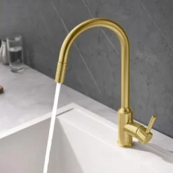 Kitchen Sink Mixer Faucet Pull Out, Single Lever Handle Brushed Solid Brass Taps Cold Hot Hose, One Hole with Pull Down Sprayer Black Gold Faucets