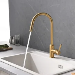 Kitchen Sink Mixer Faucet Pull Out, Single Lever Handle Brushed Solid Brass Taps Cold Hot Hose, One Hole with Pull Down Sprayer Black Gold Faucets