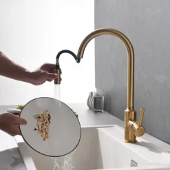 Kitchen Sink Mixer Faucet Pull Out, Single Lever Handle Brushed Solid Brass Taps Cold Hot Hose, One Hole with Pull Down Sprayer Black Gold Faucets