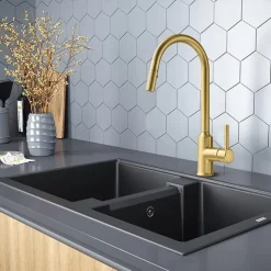 Kitchen Sink Mixer Faucet Pull Out, Single Lever Handle Brushed Solid Brass Taps Cold Hot Hose, One Hole with Pull Down Sprayer Black Gold Faucets