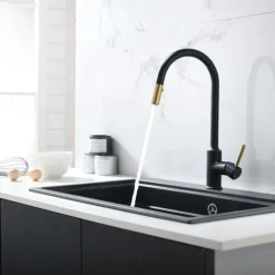 Kitchen Sink Mixer Faucet Pull Out, Single Lever Handle Brushed Solid Brass Taps Cold Hot Hose, One Hole with Pull Down Sprayer Black Gold Faucets
