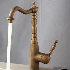 Kitchen Sink Mixer Faucet Traditional, 360 Rotating Kitchen Vessel Taps Antique Brass Retro Style Single Handle One Hole with Hot and Cold Water Hose