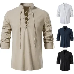 Knight Ritter Viking Celtic Knight Medieval Renaissance 17th Century Blouse / Shirt Cosplay Costume Men's Drawstring Costume Vintage Cosplay Casual Daily Renaissance Fair Long Sleeve Medium Length