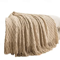 Knit Throw Blanket Textured Dark Grey Throw Blankets with Tassels Bohemian Fringe Throw Blanket