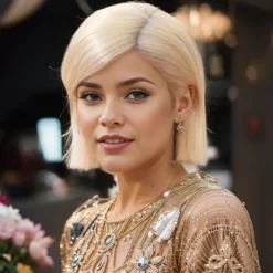 Kylie Jenner Inspired Wigs Synthetic Wig Straight Asymmetrical Wig Short Platinum Blonde Synthetic Hair Women's Fashionable Design Soft Natural Blonde