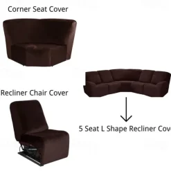 L Shape Sectional Recliner Sofa Covers Corner Sofa Velvet Stretch Recliner Covers Washable(5 Seater Corner Lounger include 4 Backrest Cover & Seat Cover,1 Coner Sofa Cover, 2 Armrest Cover)