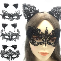 Lace Masquerade Mask for Women, Black Masquerade Mask for Women Cat Mask Cat Ear Headband with Heart Chokerl