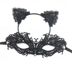 Lace Masquerade Mask for Women, Black Masquerade Mask for Women Cat Mask Cat Ear Headband with Heart Chokerl