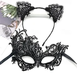Lace Masquerade Mask for Women, Black Masquerade Mask for Women Cat Mask Cat Ear Headband with Heart Chokerl