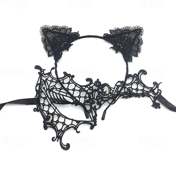 Lace Masquerade Mask for Women, Black Masquerade Mask for Women Cat Mask Cat Ear Headband with Heart Chokerl