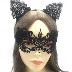 Lace Masquerade Mask for Women, Black Masquerade Mask for Women Cat Mask Cat Ear Headband with Heart Chokerl