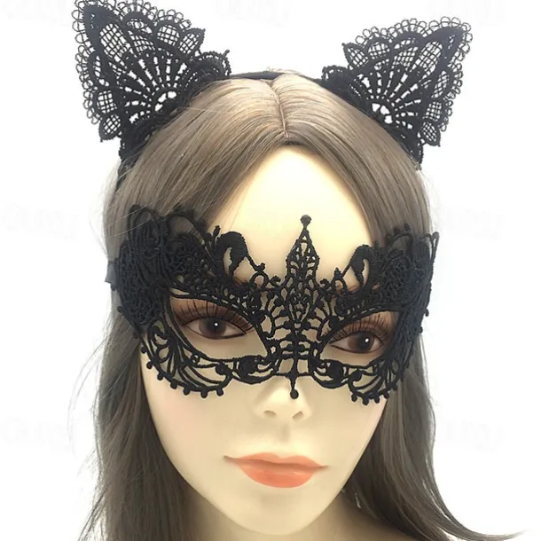 Lace Masquerade Mask for Women, Black Masquerade Mask for Women Cat Mask Cat Ear Headband with Heart Chokerl