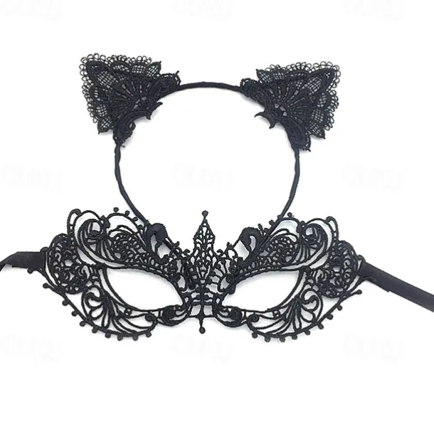 Lace Masquerade Mask for Women, Black Masquerade Mask for Women Cat Mask Cat Ear Headband with Heart Chokerl