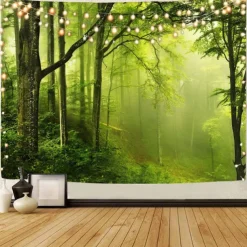 Landscape Tree Wall Tapestry Art Decor Blanket Curtain Picnic Tablecloth Hanging Home Bedroom Living Room Dorm Decoration Misty Forest Nature Sunshine Through Tree