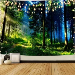 Landscape Tree Wall Tapestry Art Decor Blanket Curtain Picnic Tablecloth Hanging Home Bedroom Living Room Dorm Decoration Misty Forest Nature Sunshine Through Tree